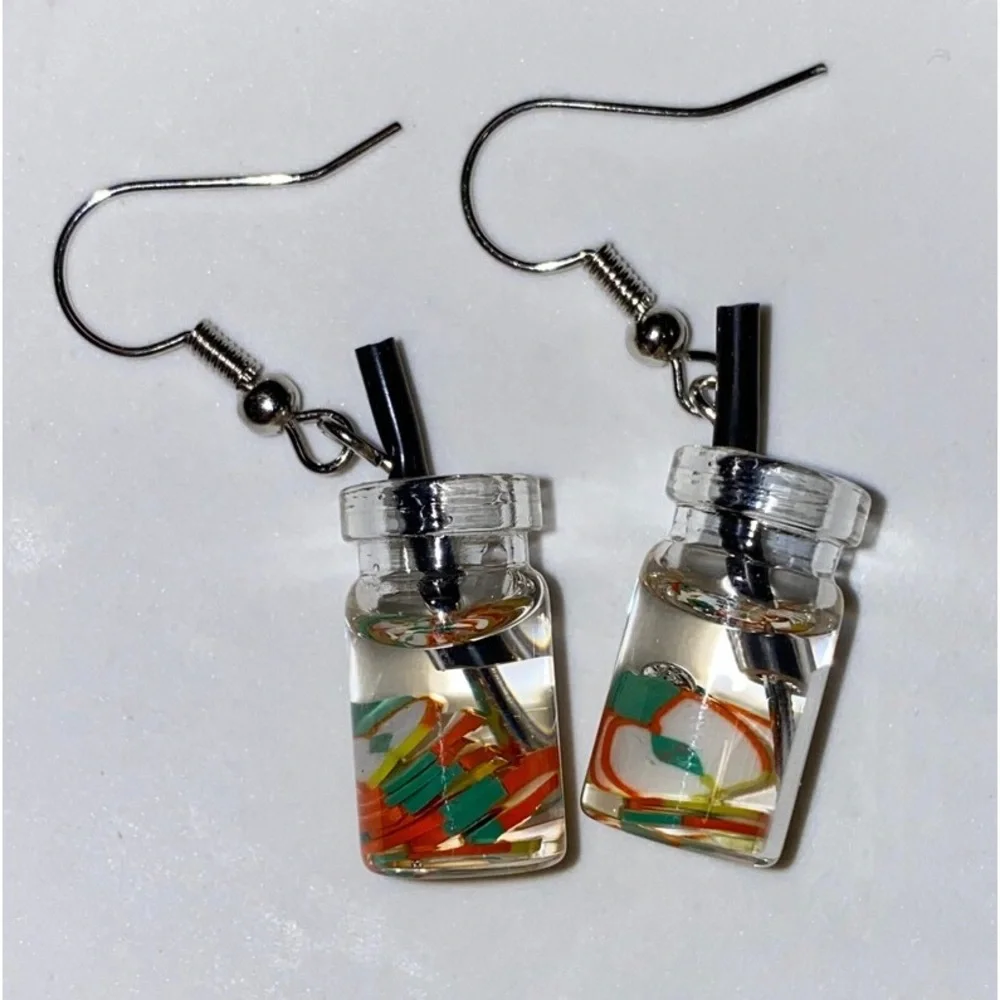 New Handmade Summer Fruity Apple Slice Glass S925 Sterling Silver Earrings